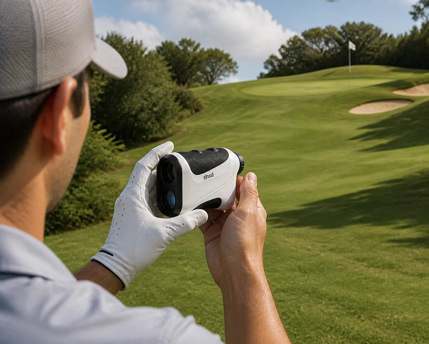 Golfer misst mit dem TLHSD Entfernungsmesser eine deutlich erhöhte Fahne