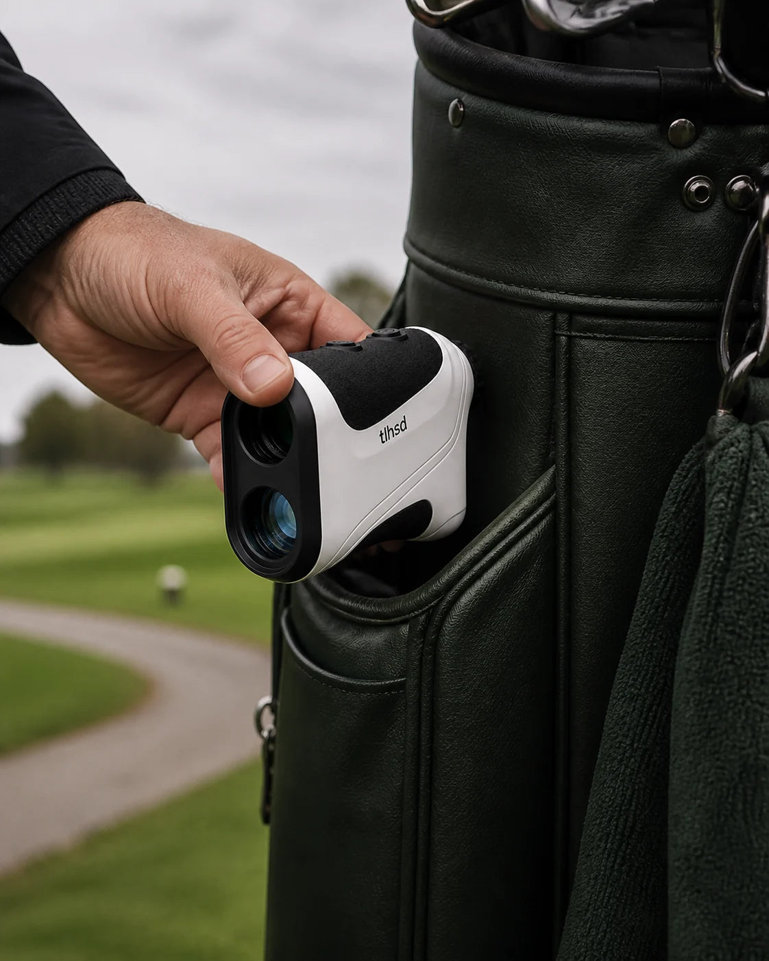 Kompakter TLHSD Entfernungsmesser wird in die Seitentasche eines Golfbags gesteckt