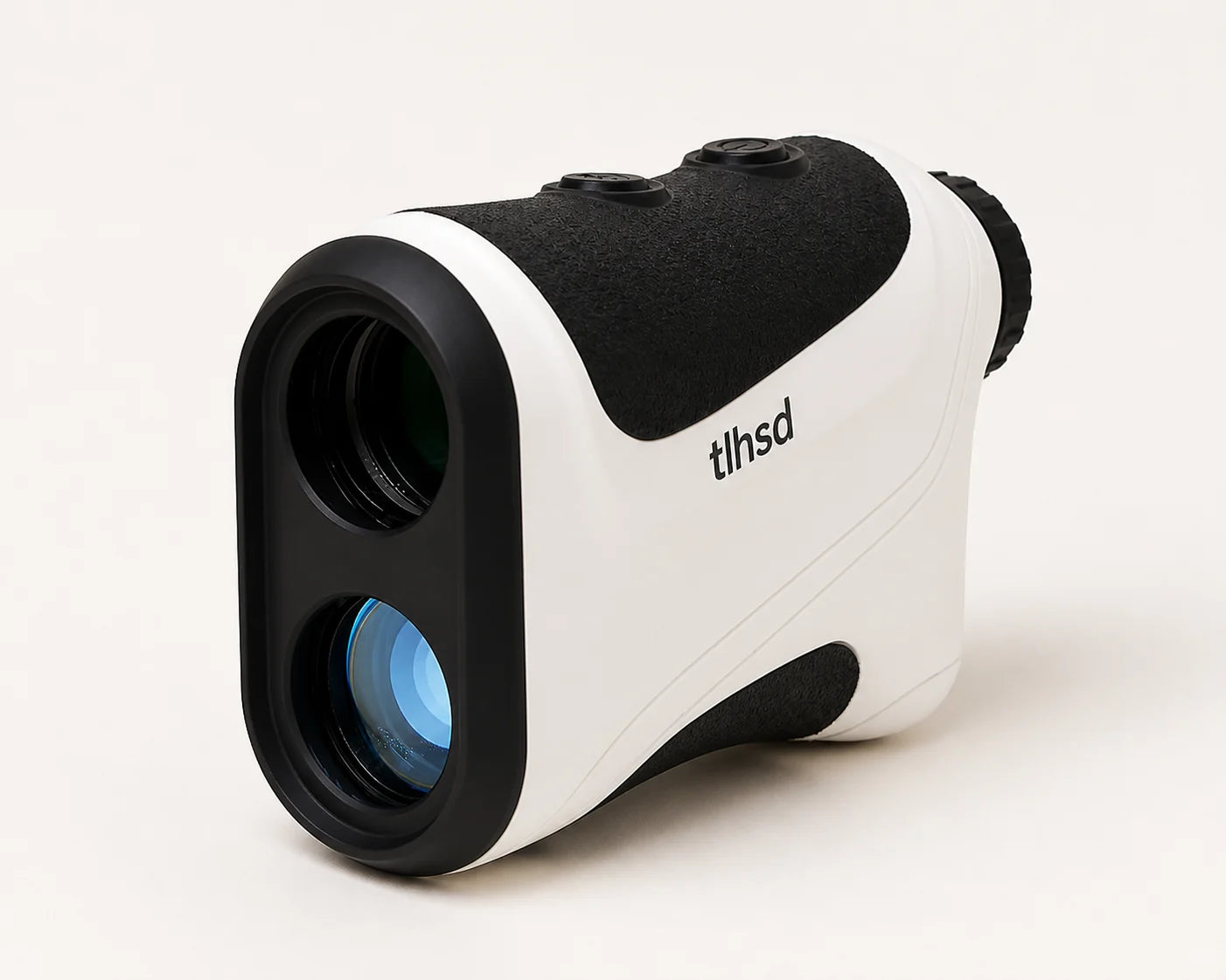 Weißer TLHSD Golf-Laser-Entfernungsmesser mit schwarzen Griffflächen und zwei Frontlinsen